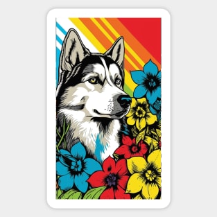 Husky Dog Vibrant Tropical Flower Tall Retro Vintage Digital Pop Art Portrait 4 Sticker